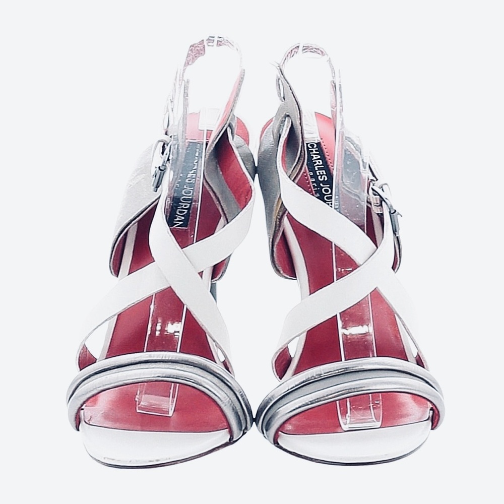 CHARLES JOURDAN ~ Silver/Gray White Crisscross Stiletto Heels w/Red Footbed